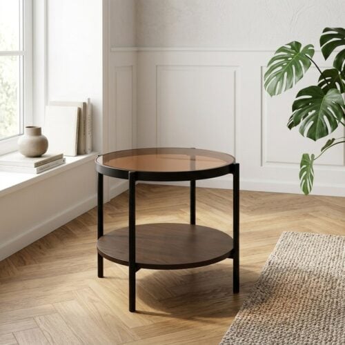Hassel Sidebord i Tawny Espresso Melamin & Glas & Stel i Sort Metal fra Unique Furniture | Ø48x50 cm - Billede 1