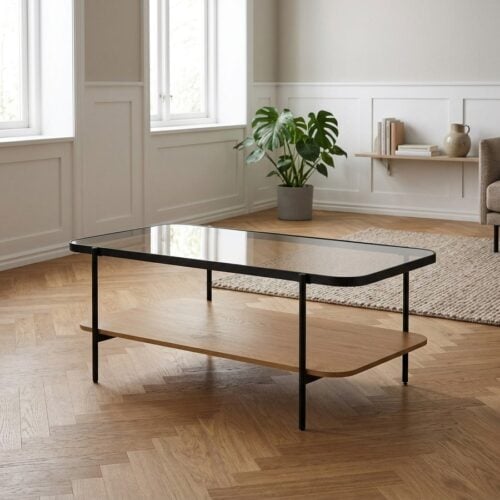 Hassel Sofabord i Tawny Egetræ & Glas & Stel i Sort Metal fra Unique Furniture | B120xD60xH45 cm - Billede 1