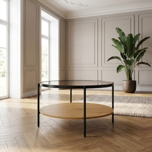 Hassel Sofabord i Tawny Egetræ Melamin & Glas & Stel i Sort Metal fra Unique Furniture | Ø84x45.5 cm - Billede 1