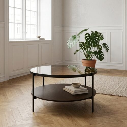 Hassel Sofabord i Tawny Espresso Melamin & Glas med Stel i Sort Metal fra Unique Furniture | Ø84xH45,5 cm - Billede 1