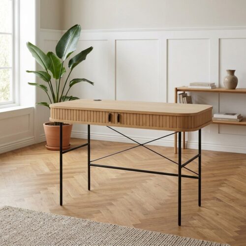 Ingolstadt Skrivebord i Naturlig Egetræsfinér med Sorte Metalben fra Unique Furniture | B120xD60xH75cm - Billede 1