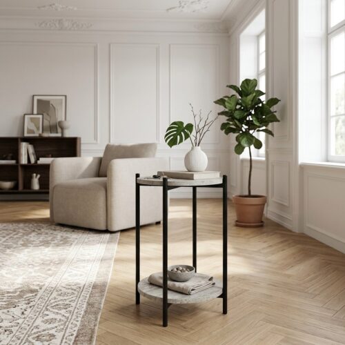 Leuven Sidebord med Travertin Look og sorte Metalben Fra House Nordic | ø27x46 cm - Billede 1