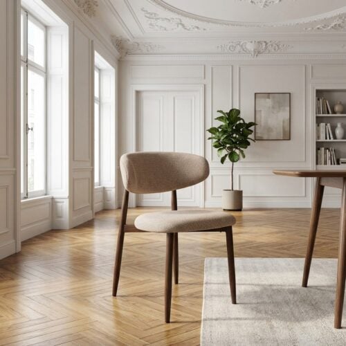 Levanto Spisebordsstol i Sandfarvet Møbelstof med Valnød Trælook Ben fra House Nordic | L55xB52xH77cm - Billede 1