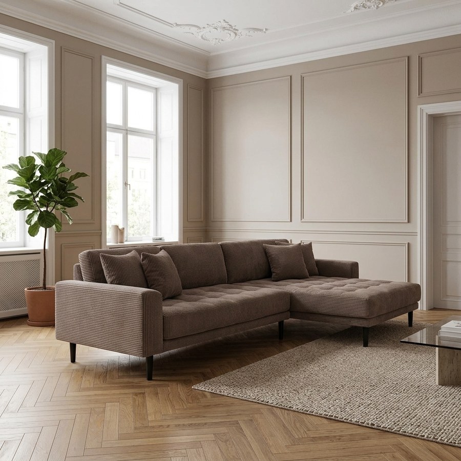 Lido Højrevendt Loungesofa i Brun Fløjl med Sorte Træben fra House Nordic | B290xL170xH76cm - Billede 1