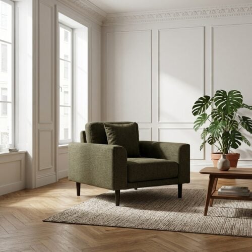 Lido Loungestol i Massiv Krydsfiner Betrukket med Olivengrøn Møbelstof Fra House Nordic - Billede 1