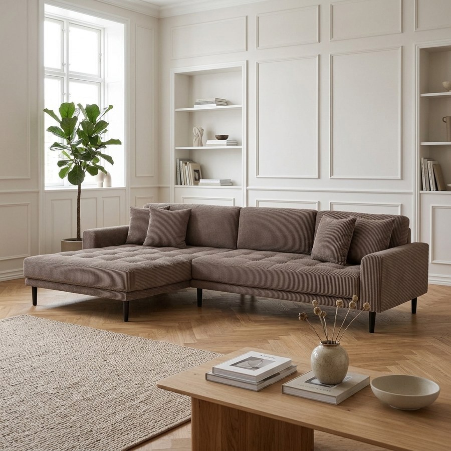Lido Venstrevendt Loungesofa i Brun Fløjl med Sorte Træben fra House Nordic | L290xB170xH76cm - Billede 1
