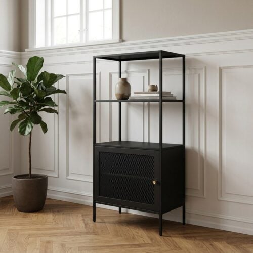 Malibu Reol i Sort Metal med 1 Låge, 2 Hylder og Håndtag i Sort og Guld Metal fra Unique Furniture | 35x80x138cm - Billede 1