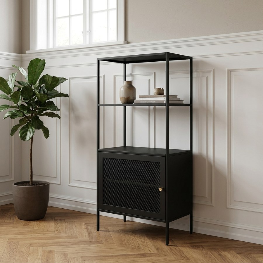 Malibu Reol i Sort Metal med 1 Låge, 2 Hylder og Håndtag i Sort og Guld Metal fra Unique Furniture | 35x80x138cm - Billede 1