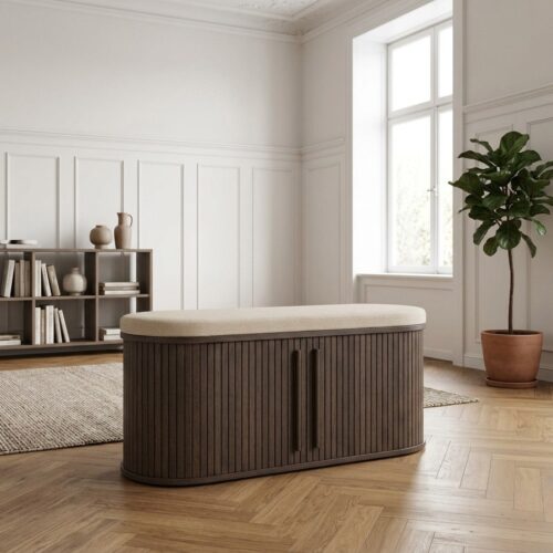 Meta Opbevaringsbænk i Hørfarvet Polyester & Stel i Mørk Espresso Egetræ fra Unique Furniture | B120xD40xH53 cm - Billede 1