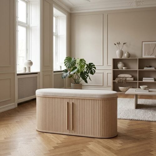 Meta Opbevaringsbænk i Linen Polyester & Stel i Hvidpigmenteret Egetræ fra Unique Furniture | B120xD40xH53 cm - Billede 1