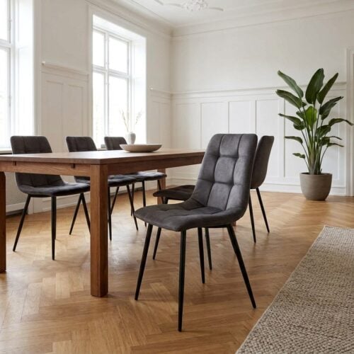 Middelfart Spisebordsstole i Mørkegrå mikrofiber og sorte stål ben fra House Nordic - Billede 1