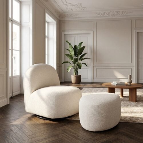 Milo Loungestol og Hilo Puf Sæt i Off-White Polyester fra House Nordic | B67xL74xH70 cm - Billede 1