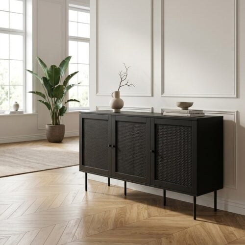 Pensacola Skænk i Sort Melamin og Polyrattan med Sort Metal Stel fra Unique Furniture | B140xH80xD40cm - Billede 1