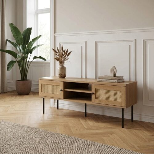 Pensacola TV Bord i Egetræs Melamin og Natur Rattan fra Unique Furniture | B120xH43xD40cm - Billede 1