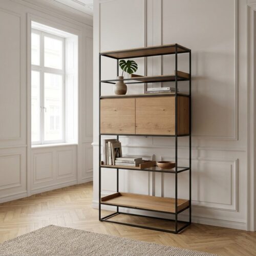 Rivoli Reol i Egetræsfinér med Sort Metalstel fra Unique Furniture | B90xH180xD38 cm - Billede 1