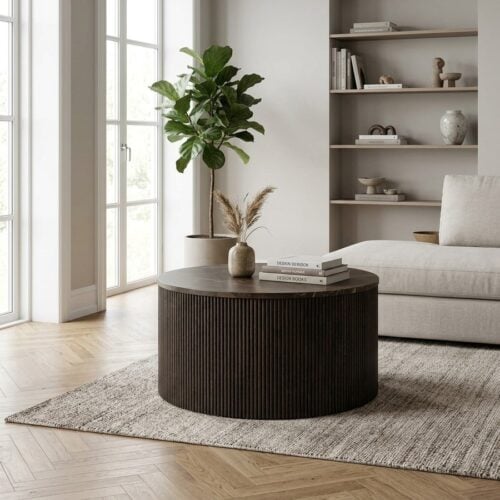 Rota Sofabord i Mørkebrun Marmorlook og Decor Trælister fra House Nordic | Ø80xH40 cm - Billede 1