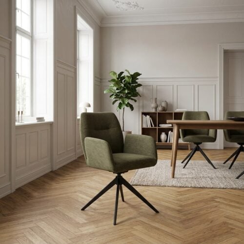 Roxana Spisebordsstol med Armlæn i Olivengrøn Stof og Sort Stål Stel fra Unique Furniture | B57,5xD62xH88cm - Billede 1