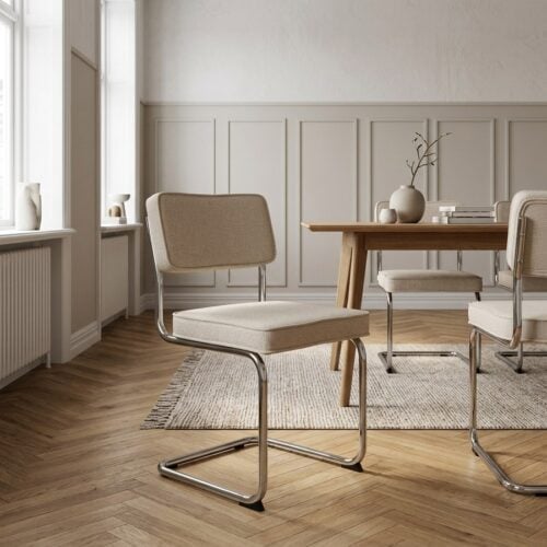 Rupert Spisebordsstol i Sandfarvet Stof med Krom Stel fra Unique Furniture | B50xH84xD53cm - Billede 1