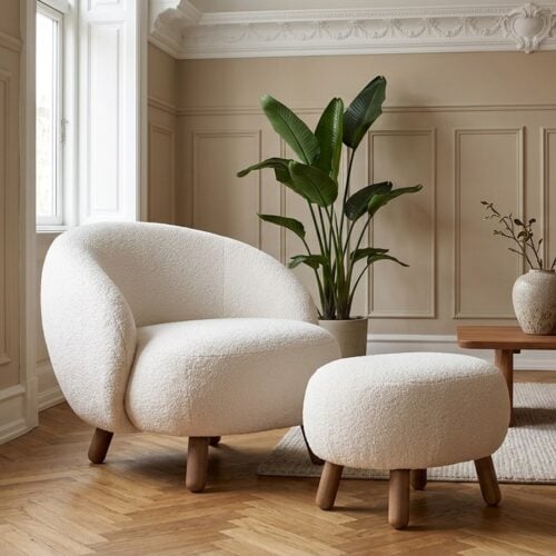 Savona Loungestol og Puf Sæt i Hvid Polyester med Træben fra House Nordic | L80xB76xH68 cm - Billede 1