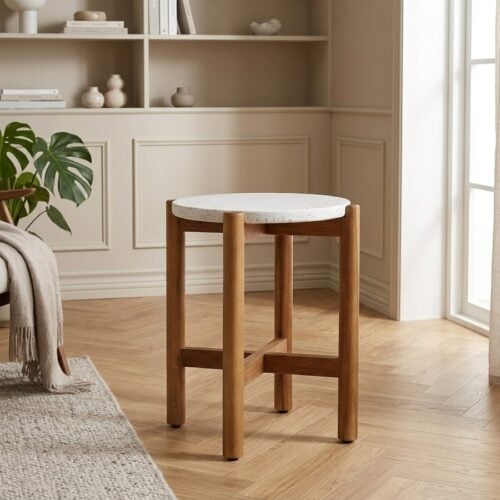 Terracina Sidebord med Ben i Akacietræ & Hvid Bordplade fra House Nordic | Ø37xH46cm - Billede 1