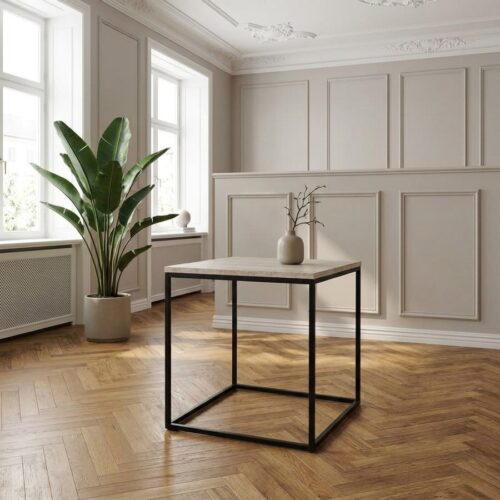 Vita Hjørnebord i Travertin Look med Sort Stål Stel fra House Nordic | 45x45x45 cm - Billede 1