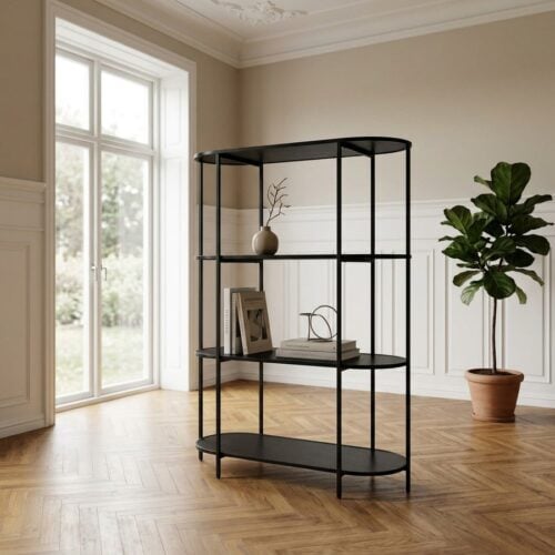 Vita Reol med 4 Ovale hylder i Sort med Sort Metalstel fra House Nordic | 85x36x111cm - Billede 1