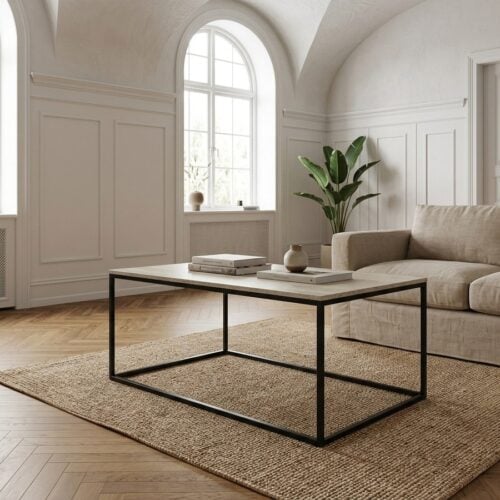 Vita Sofabord i Travertin Look med Sort Metal Stel fra House Nordic | L60xB90xH45cm - Billede 1