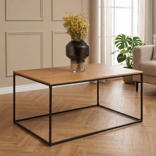 Vita Sofabord med egetræslook spån-bordplade & sort stål stel fra House Nordic | H45 x60 x90 - Billede 1