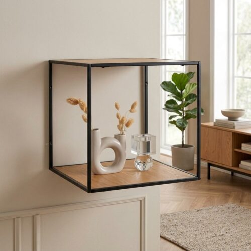 Vita væghylde i egetræslook med sort stel fra House Nordic | 36x36x36 cm - Billede 1