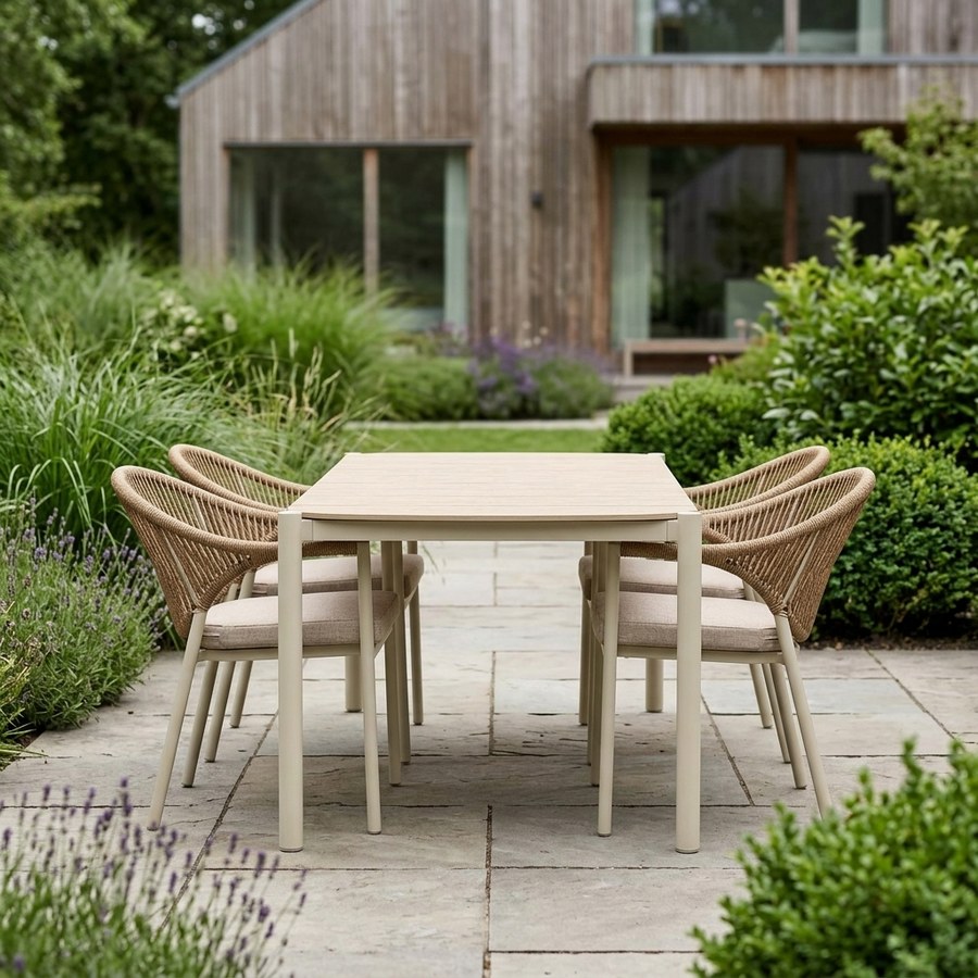 1Abela Havemøbelsæt i Sand/Natur fra House Nordic | Sæt af 7 - 100x200x74 cm Bord + 6 Stole med hynde - Billede 2