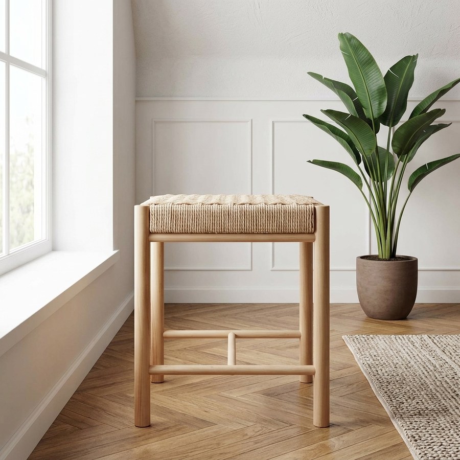 Abano Taburet i massiv poppeltræ med naturflet sæde Fra House Nordic - Billede 2