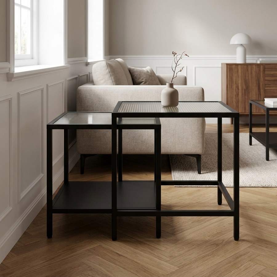 Bronco Sidebord i Sort Metal og Rillet Glas fra Unique Furniture | Sæt af 2 - Billede 2