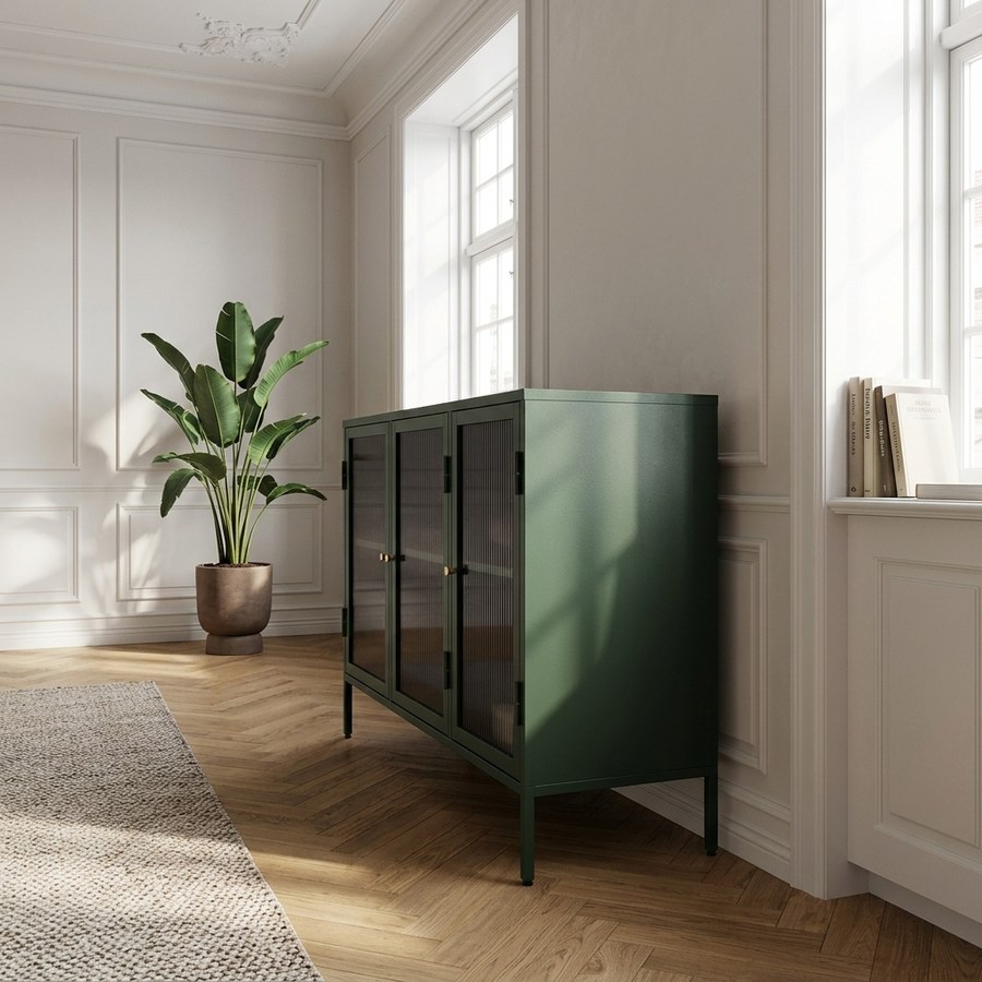 Bronco Skænk i Fyrgrøn Stål med Riflet Glasfront og Guld Håndtag fra Unique Furniture | 40x132x85cm - Billede 2