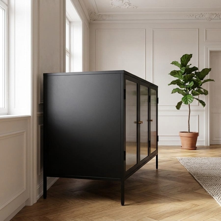 ai-miljoe-2-bronco-sk-nk-i-sort-st-l-med-riflede-glasl-ger-og-gyldne-greb-i-metal-fra-unique-furniture-40x132x85cm-236667 Bronco Skænk i Sort Stål med Riflede Glaslåger og Gyldne Greb i Metal fra Unique Furniture | 40x132x85cm - Billede 2