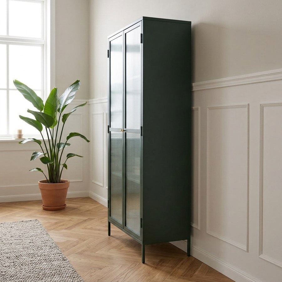 Bronco Vitrineskab i Fyrregrøn Stål med Glasdøre og Gyldent Håndtag fra Unique Furniture | 40x90x190cm - Billede 2