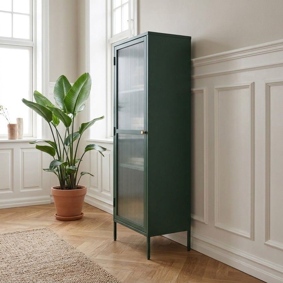 ai-miljoe-2-bronco-vitrineskab-i-fyrregr-n-st-l-og-glas-med-guldfarvet-h-ndtag-fra-unique-furniture-40x58x160cm-236688 Bronco Vitrineskab i Fyrregrøn Stål og Glas med Guldfarvet Håndtag fra Unique Furniture | 40x58x160cm - Billede 2