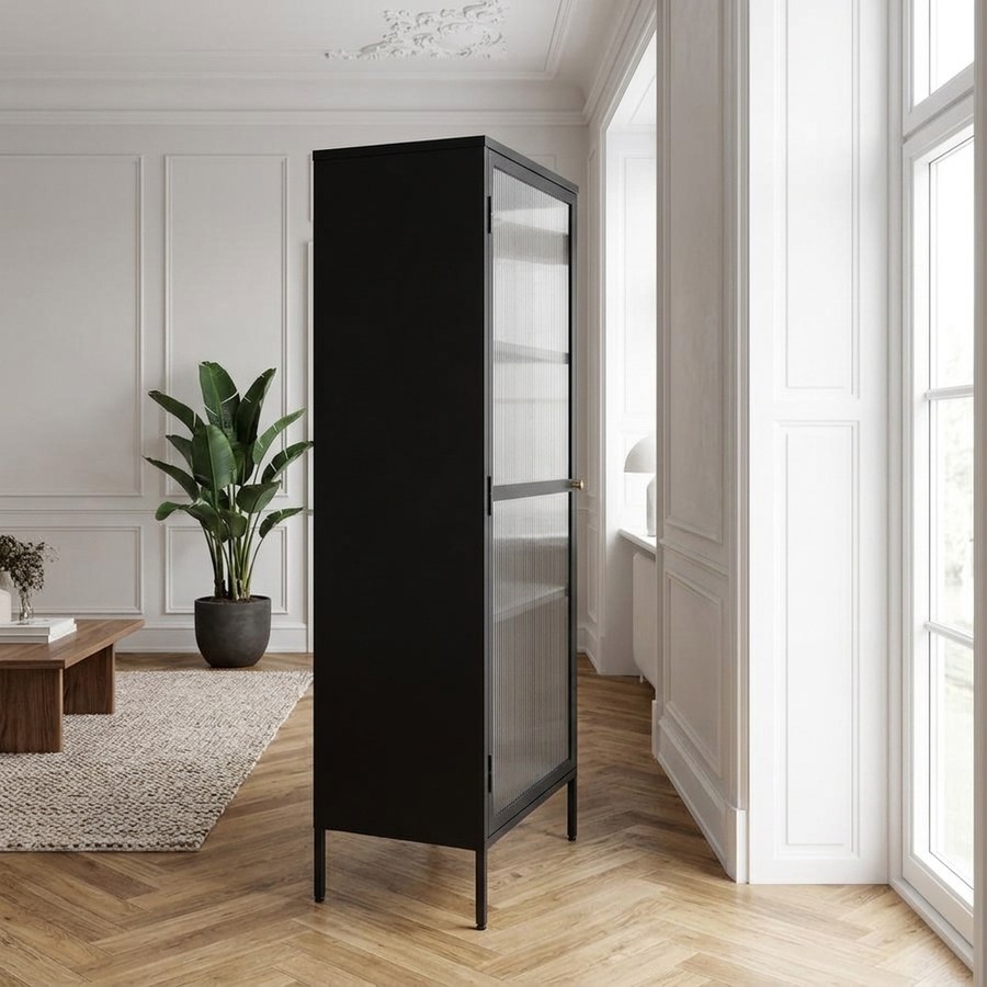 Bronco Vitrineskab i Sort Stål med Riflet Glas og Guldfarvet Håndtag fra Unique Furniture | 40x58x160cm - Billede 2