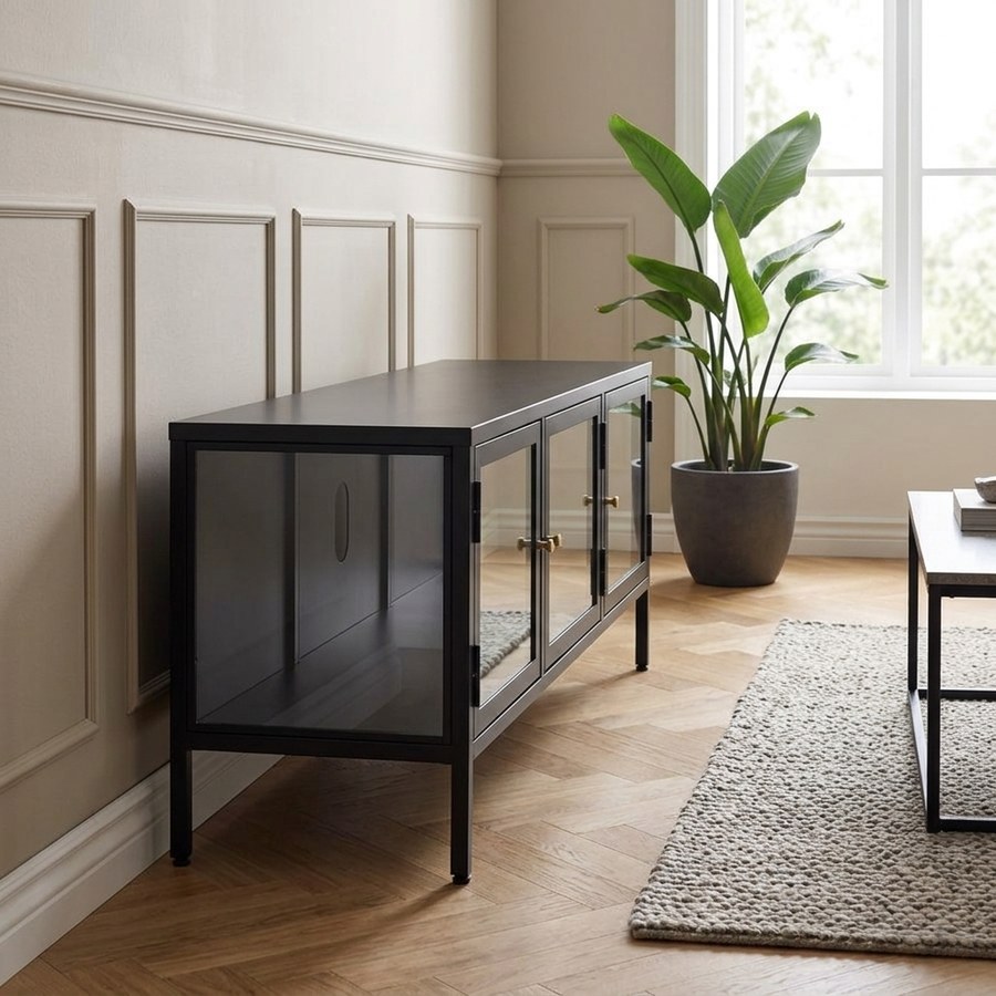 ai-miljoe-2-carmel-tv-b-nk-i-sort-st-l-med-glasfront-og-gyldne-h-ndtag-fra-unique-furniture-40x132x52cm-237062 Carmel TV Bænk i Sort Stål med Glasfront og Gyldne Håndtag fra Unique Furniture | 40x132x52cm - Billede 2