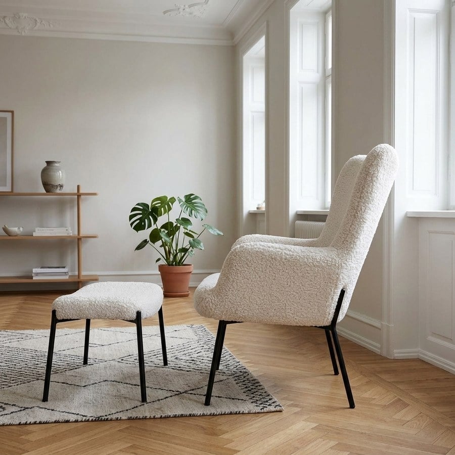 Glasgow Loungestol og Fodskammel Sæt i Hvid Polyester med Fyrretræ og Stål Stel fra House Nordic | L79/425xB70/63xH98/39cm 73x75x76 cm - Billede 2