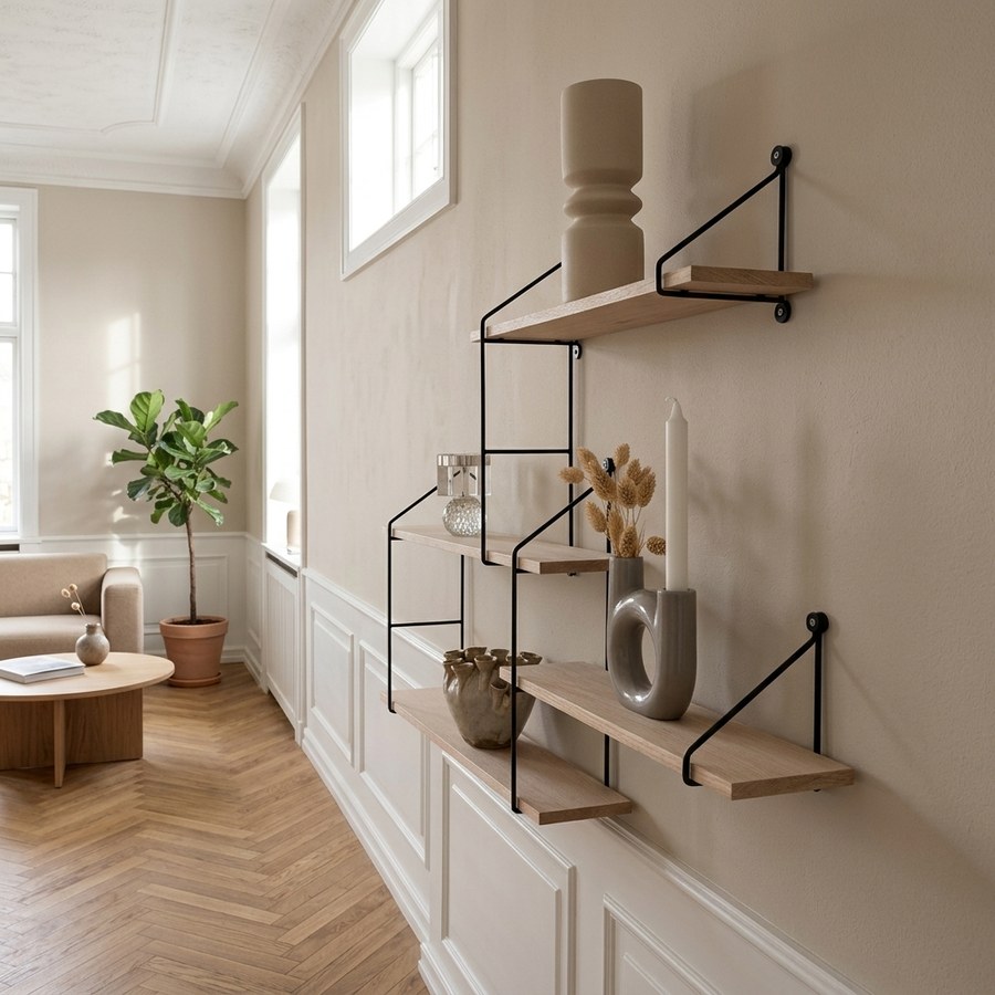 ai-miljoe-2-harlem-hylde-4-tr-hylder-forskudt-med-sort-stel-fra-house-nordic-161604 Harlem Hylde, 4 træhylder forskudt med sort stel fra House Nordic - Billede 2