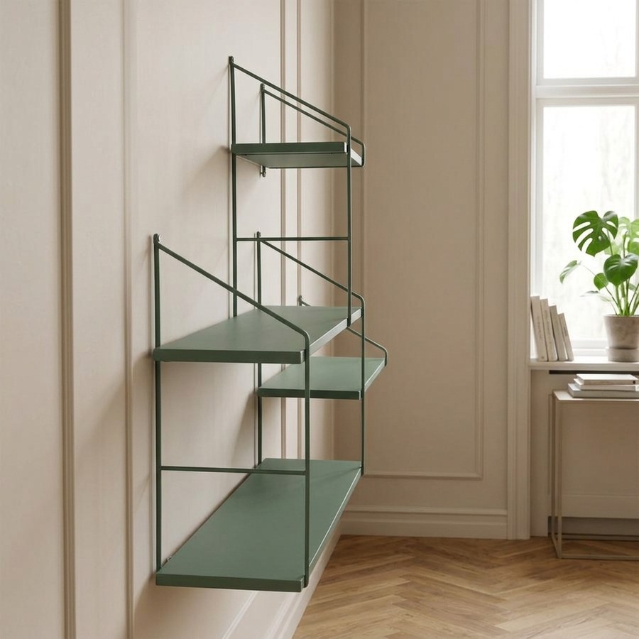 Harlem Hylde med 4 forskudte grønne Hylder og grønt metalstel fra House Nordic | 99x14,5x62 cm - Billede 2