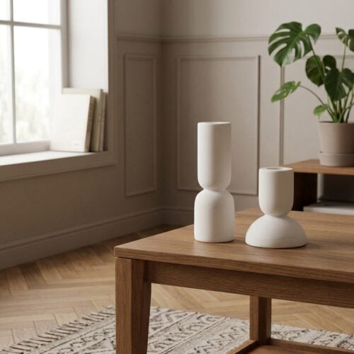 Hvide Lysestager i Kalksten fra House Nordic - Sæt af 2 | Ø75xH15cm & Ø5xH95cm - Billede 2