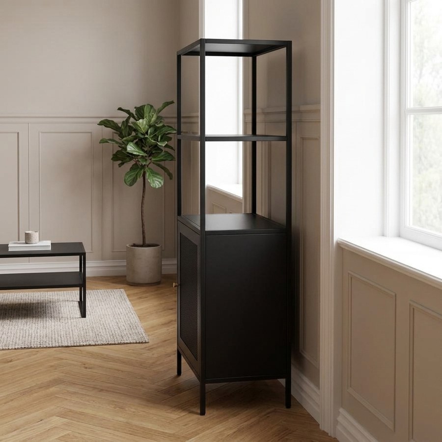 Malibu Reol i Sort Metal med 1 Låge, 2 Hylder og Håndtag i Sort og Guld Metal fra Unique Furniture | 35x80x138cm - Billede 2