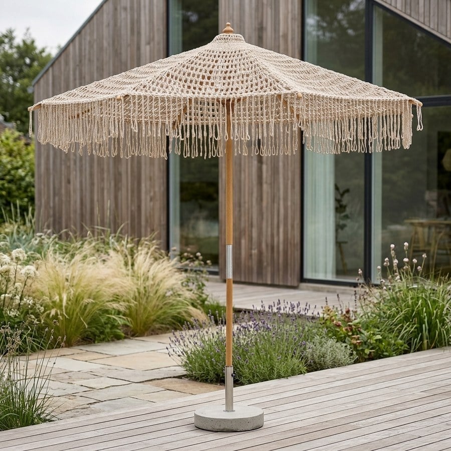 Martos Hæklet Parasol i Beige Bomuld med Træstok fra House Nordic | Ø250cm - UDSOLGT TIL 2026 - Billede 2