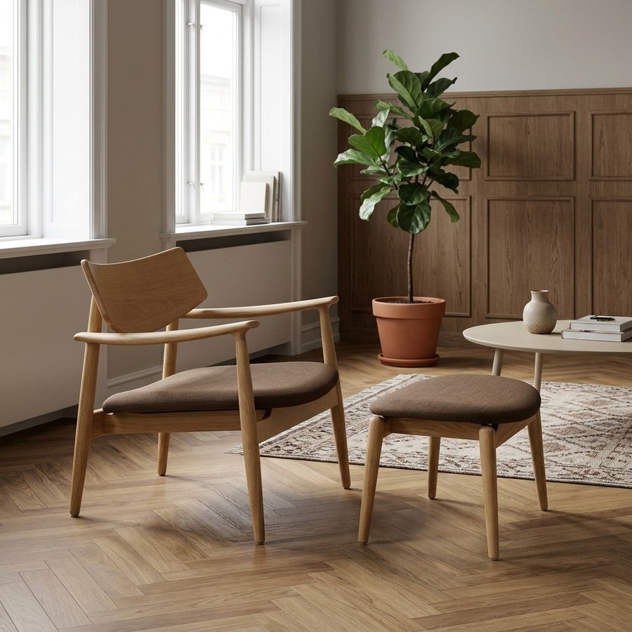 Olvera Loungestol og Fodskammel Sæt i 100% Massiv Egetræ og Natur/Brun fra House Nordic | L68xB68xH72cm - Billede 2