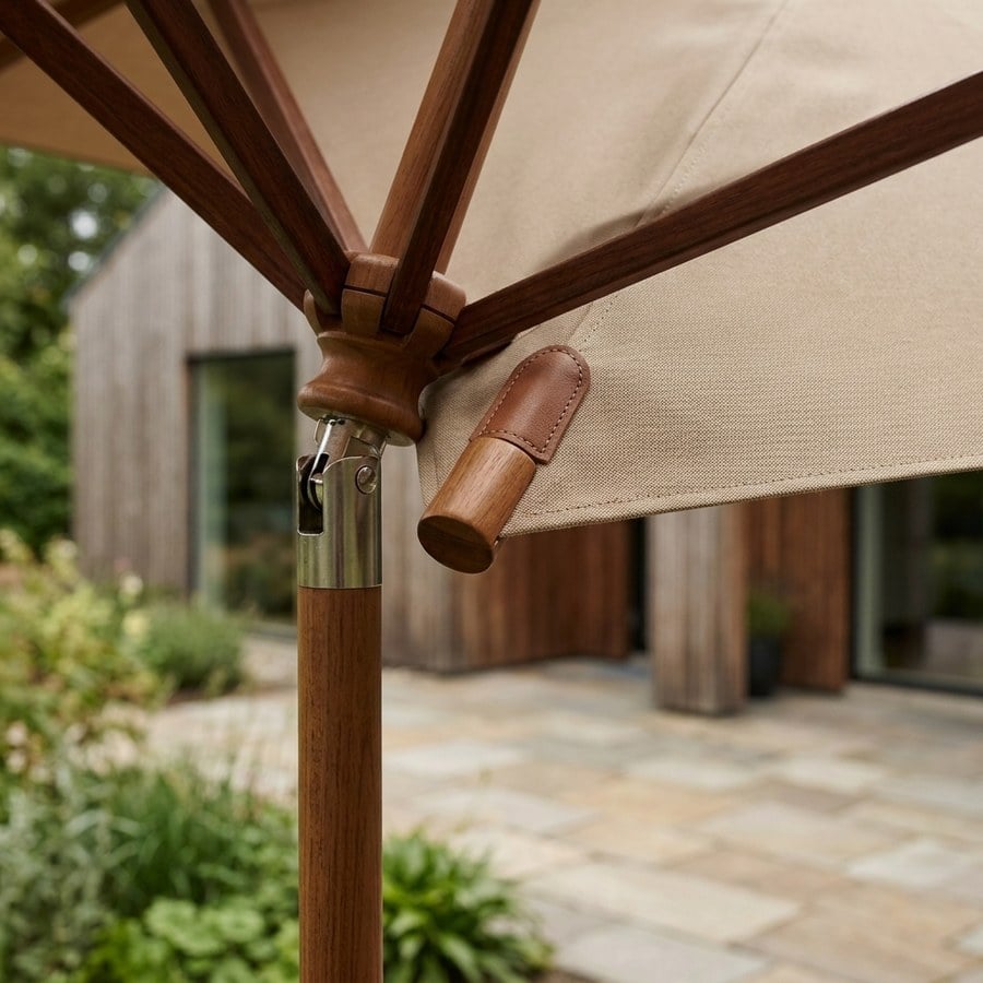 ai-miljoe-3-austin-luksus-parasol-med-tilt-i-sandfarvet-dug-med-l-der-og-massiv-tr-stok-fra-house-nordic-300-cm-175970 Austin Luksus Parasol med tilt i Sandfarvet dug med læder og Massiv Træstok Fra House Nordic | ø300 cm - Billede 3
