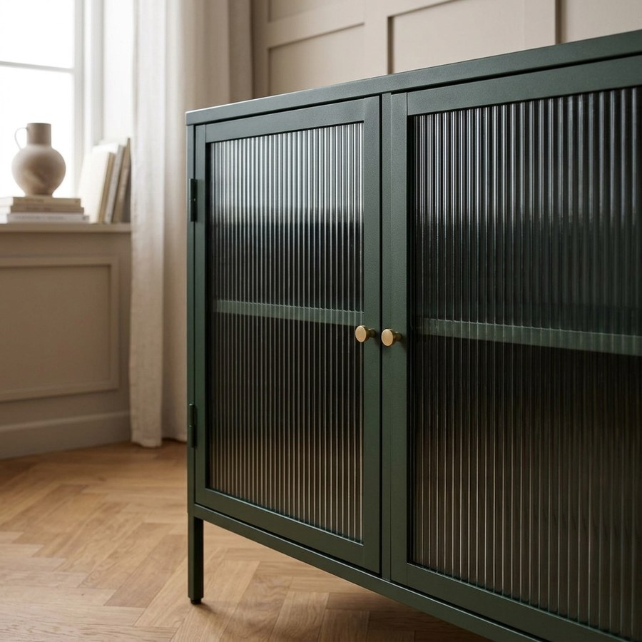 Bronco Skænk i Fyrgrøn Stål med Riflet Glasfront og Guld Håndtag fra Unique Furniture | 40x132x85cm - Billede 3