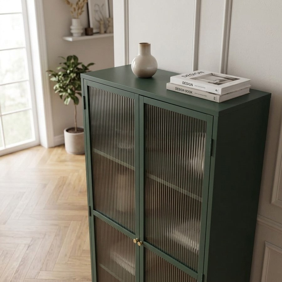 Bronco Vitrineskab i Fyrregrøn Stål med Glasdøre og Gyldent Håndtag fra Unique Furniture | 40x90x190cm - Billede 3