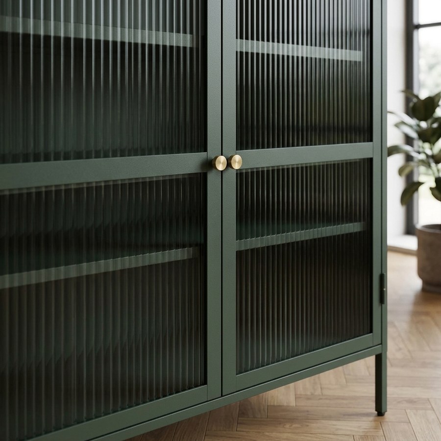 Bronco Vitrineskab i Fyrtegrøn Stål med Glaslåger og Greb i Guld Metal fra Unique Furniture | 40x111x140cm - Billede 3