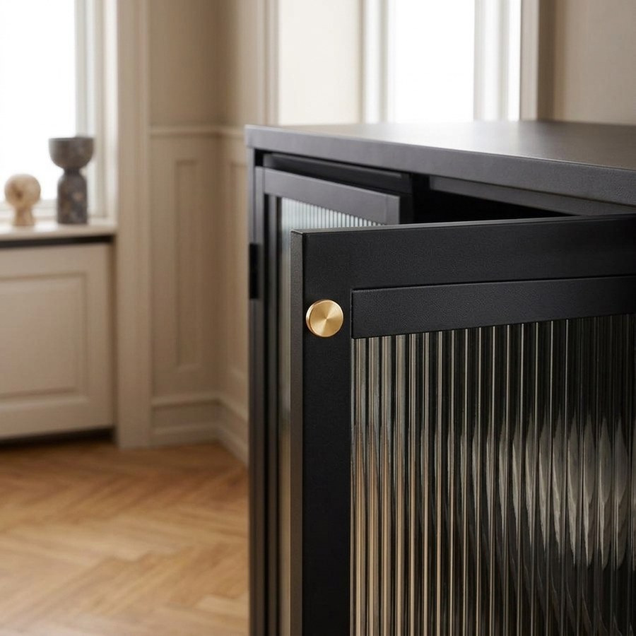 ai-miljoe-3-bronco-vitrineskab-i-sort-st-l-og-glas-med-guldfarvet-greb-fra-unique-furniture-40x111x140cm-236475 Bronco Vitrineskab i Sort Stål og Glas med Guldfarvet Greb fra Unique Furniture | 40x111x140cm - Billede 3